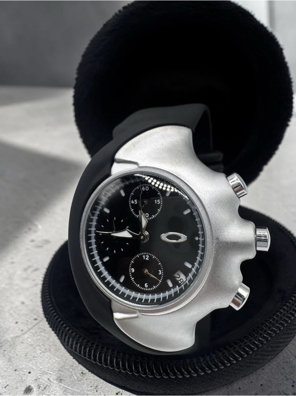 Oakley Black Dial Silver-Tone Case Chronograph Watch